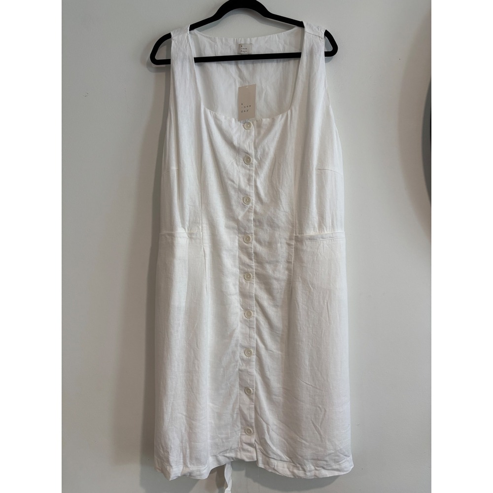 A New Day Button-Front Sleeveless Dress Womens‎ 2X White Linen Blend Tie-Back
